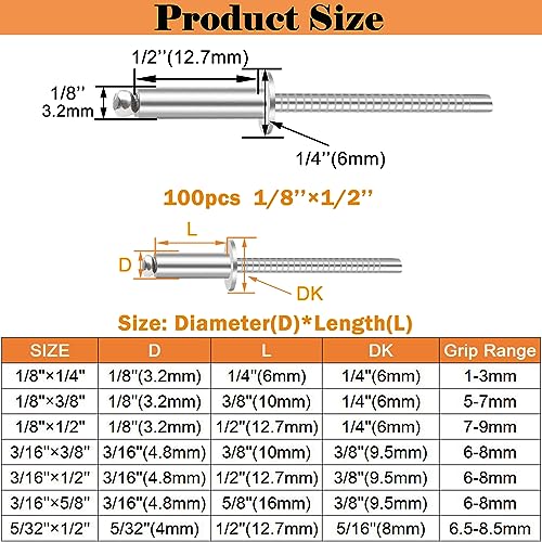100pcs 1/8 x 1/2 inch 304 Stainless Steel Pop Rivets, 3.2 x 12.7mm Blind Rivets for DIY/Automotive Repairs/Furniture - size: 1/8" x 1/2", style: 304 Stainless Steel
