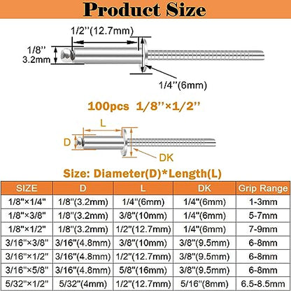 100pcs 1/8 x 1/2 inch 304 Stainless Steel Pop Rivets, 3.2 x 12.7mm Blind Rivets for DIY/Automotive Repairs/Furniture - size: 1/8" x 1/2", style: 304 Stainless Steel
