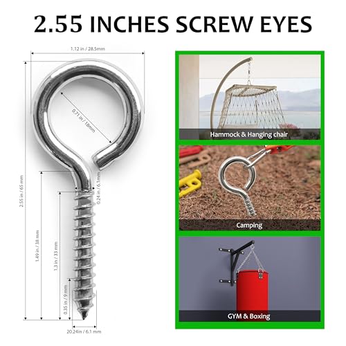 M5 20 Pcs 304 Stainless Steel Screws Eye,2.56 Inch Screw Self Tapping Eye,Load Bearing 200LB, Duty Eye Bolt for Wood Securing Cables Wire,Indoor & Outdoor Use (20, M5 2.56 Inch) - size: M5 2.56 Inch