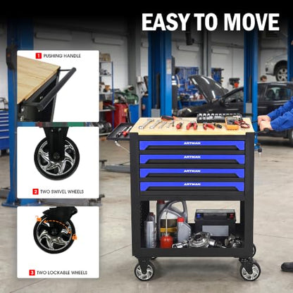 4 Drawers Rolling Tool Cart on Wheels, Wood Countertop Heavy Duty Tool Chest with Adjustable Shelf, Locking System, Rolling Tool Cabinet Trolley for Garage,Warehouses,Repair Shops (Blue) - color: Blue
