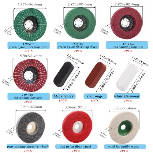 18Pcs 4 Inch Buffering Wheels Polishing Kit with Compound for Angle Grinder,Includes 14Pcs Nylon Fiber Flap Disc & Wool Felt Polishing Wheel,3Pcs Buffing Compounds and Sanding Sponge - size: 4 Inch - 18pcs
