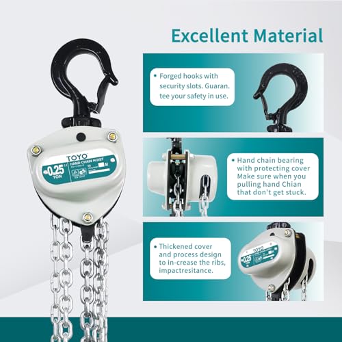 TOYO 550lbs Chain Hoist 1/4 Ton - Mini Hand Hoist with 10FT Chain, for Garages, Warehouse, Automotive - Heavy Duty Pulley Hoist with 2 Heavy Duty Hooks (550Lb 10Ft) - size: 1/4 Ton 10FT