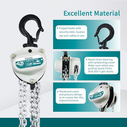 TOYO 550lbs Chain Hoist 1/4 Ton - Mini Hand Hoist with 10FT Chain, for Garages, Warehouse, Automotive - Heavy Duty Pulley Hoist with 2 Heavy Duty Hooks (550Lb 10Ft) - size: 1/4 Ton 10FT