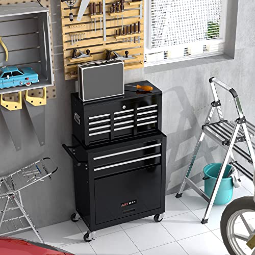 Black 8-Drawer Heavy Duty Tool Chest w/Ball Bearing Drawers, Central Locking & 4 Wheels (2 Brakes) - Professional Garage Storage Cabinet - color: Black, size: 24.2 x 13 x 42.8