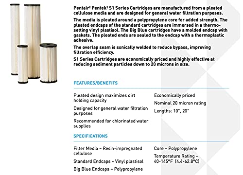 Pentair Pentek S1-BB Big Blue Sediment Water Filter, 10-Inch, Whole House Heavy Duty Pleated Cellulose Filter Cartridge, 10” x 4.5”, 20 Micron - size: 1 Count (Pack of 1), style: 10 Inch x 4.5 Inch