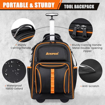 AUROPEAK Rolling Tool Backpack, 63 Pocket Heavy Duty Tool Bag with Wheels - size: 1.38" Wheel