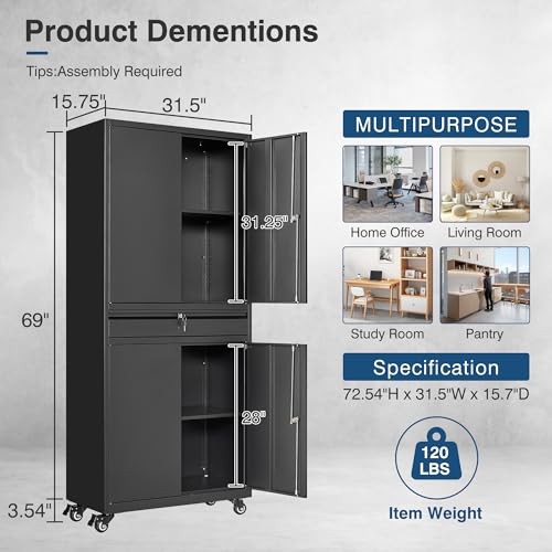 Black Metal Storage Cabinet with Wheels, 73" Tall Garage Rolling Storage Cabinets with Doors and Shelves, Lockable Tool Caninet Steel Locking Cabnets for Home Office, Garage, Pantry - color: Black, size: 73"H x 32"W x 16"D