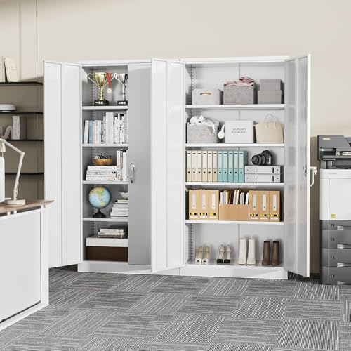 Greenvelly Metal Storage Cabinet, 72" Locking Metal Garage Storage Cabinet with Doors and 4 Adjustable Shelves, Lockable Steel Cabinets for Home Office, Garage, Shop, School (White 36" W x 18" D) - color: White, size: 72 Inch - 36W