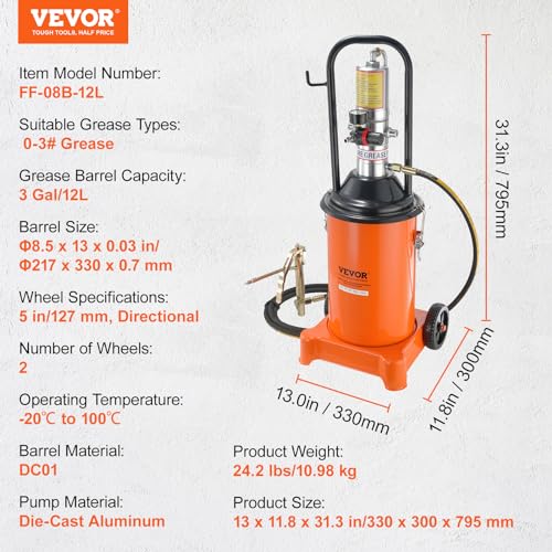 VEVOR Grease Pump, 3 Gallon Air Grease Pump with 13 ft High Pressure Hose and Grease Gun, 12L Pneumatic Grease Pump with Wheels, Portable Lubrication Grease Pump - style: 3 Gallon