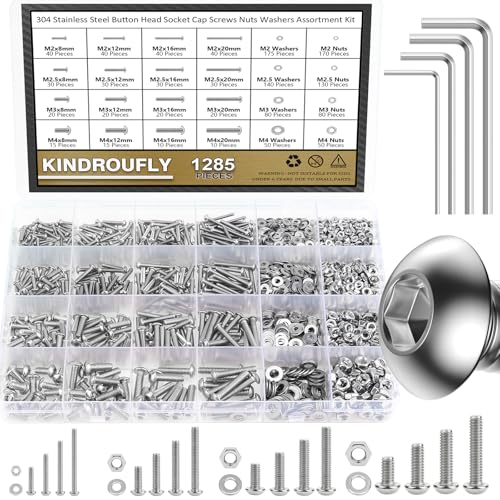 1285 Pieces M2 M2.5 M3 M4 Button Head Socket Cap Screws Nuts Washers Assortment Kit, 304 Stainless Steel, Fully Machine Thread - size: M2 M2.5 M3 M4, style: Button Head