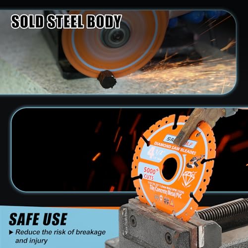 SAGEWOLF 4 1/2 Inch Grinder Diamond Cut Off Wheels Metal Cutting Blade for 7/8 Inch Arbor Angle Grinder Cutting Disc Diamond Grinder Blades on Rebar, Stainless Steel, PVC, Tile, Wood, Iron, 3Pack