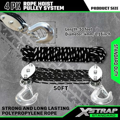 XSTRAP STANDARD Heavy-Duty 50 FT Reflective Rope Hoist Pulley System, Black - color: 50ft Black with Reflective Strips