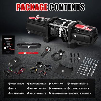 FieryRed ATV/UTV Winch 12V 5500 lb Electric Winch with Synthetic Rope, with Wireless Remote Control Hawse Aluminium Fairlead & Mounting Bracket, Waterproof IP67 - color: Black-Synthetic Rope, size: 5500LBS
