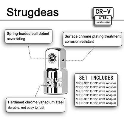 StrugDeas 6 Piece Socket Adapter and Reducer Set, 1/4", 3/8", 1/2" Chrome Vanadium Steel Ratchet/Socket Extension/Conversion Kit for Automotive Maintenance - size: Silver - 1/4", 3/8", 1/2"