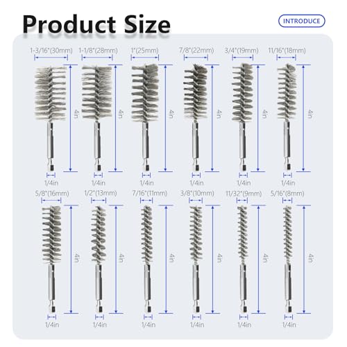 12Pcs Stainless Steel Bore Brush Set with 1/4" Hex Shank 8-30mm Wire Brush for Power Drill for Rust and Tube Cleaning