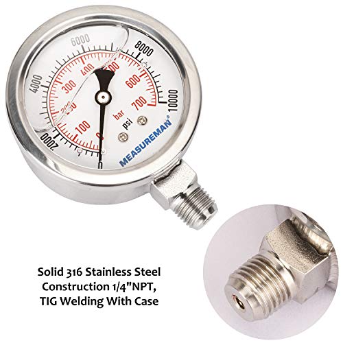 MEASUREMAN 2-1/2" dial,Glycerin Filled Hydraulics Pressure Gauge Stainless Steel case, 316 SS Wetted Part, 0-10000psi/bar1/4 NPT,Lower Mount - size: 0-10000 psi, style: Lower Mount(100% Stainless Steel)