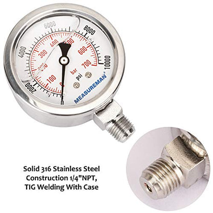 MEASUREMAN 2-1/2" dial,Glycerin Filled Hydraulics Pressure Gauge Stainless Steel case, 316 SS Wetted Part, 0-10000psi/bar1/4 NPT,Lower Mount - size: 0-10000 psi, style: Lower Mount(100% Stainless Steel)