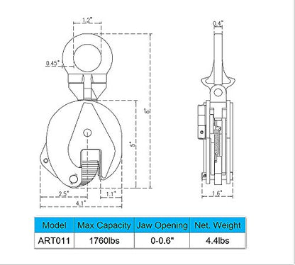 Steel Plate Lifting Clamp 0.8 Ton, 0.6 in Jaw Opening, GS Certified - size: 1760 lbs