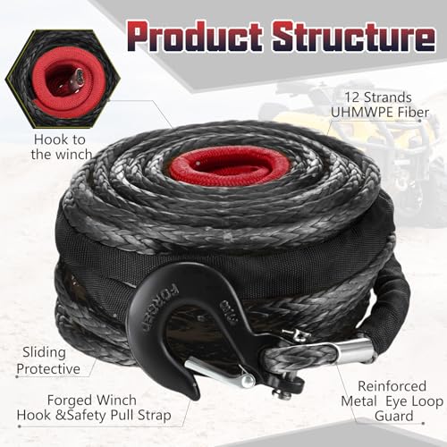 Marsui 1/2" x 100 ft Synthetic Winch Rope Cable Kit, 32000lbs, Black - color: Black, size: 1/2" X 100 ft