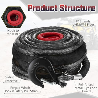Marsui 1/2" x 100 ft Synthetic Winch Rope Cable Kit, 32000lbs, Black - color: Black, size: 1/2" X 100 ft