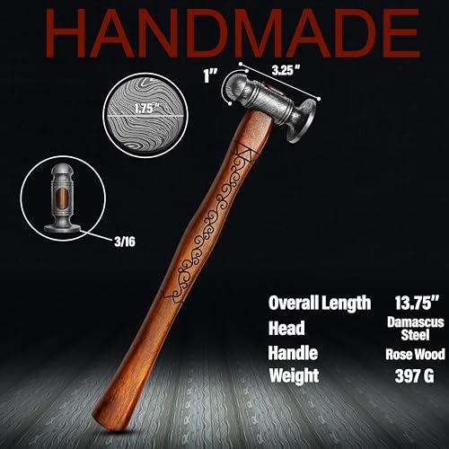 Premium Ball Peen Hammer with Forged Damascus Steel Head- Pein Hammer with Comfort Grip Engraved Wooden Handle- Best Tool For Metalworking And Carpentry