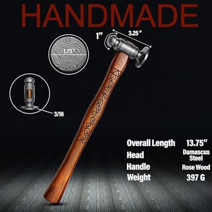 Premium Ball Peen Hammer with Forged Damascus Steel Head- Pein Hammer with Comfort Grip Engraved Wooden Handle- Best Tool For Metalworking And Carpentry