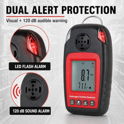 H2S Gas Detector, Portable Hydrogen Sulfide Detector Gas Leak Detectors & Alarms Electrochemical H2S Monitor Meter Single Gas H₂S Sensor Poisoning Alarm with Clip and LCD Screen Backlight
