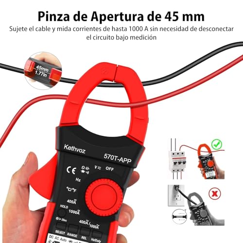 Kethvoz 570T-APP Digital Clamp Meter, 4000 Counts Bluetooth Multimeter, 1000A AC/DC Amp Voltage Tester, Measures Ohms, Capacitance, Frequency, Temperature, Diode, Continuity Test with Data Logging