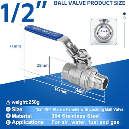 2 Pack 1/2" Full Port Ball Valve NPT Male x Female 304 Stainless Steel Heavy Duty 1000 WOG Shut Off Valve with Locking Device (1/2 Inch) - size: 1/2 Inch