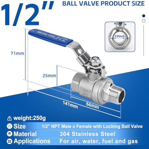 2 Pack 1/2" Full Port Ball Valve NPT Male x Female 304 Stainless Steel Heavy Duty 1000 WOG Shut Off Valve with Locking Device (1/2 Inch) - size: 1/2 Inch
