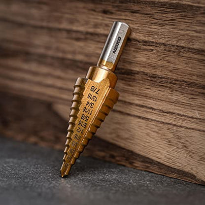 NEIKO 10185A Step Drill Bit, 12 Steps 3/16” to 7/8” Straight High Speed Steel, Titanium Nitride Coated, 3/8” Tri Flat Step Bits for Steel, Metal, Wood, Plastic, Unibit Cone Drill Bits, Two Flute - size: #4 (3/16 - 7/8", 12S), style: Straight