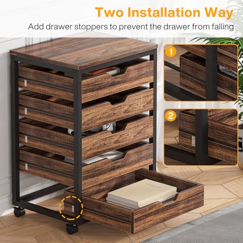 Tribesigns 5-Drawer File Cabinet, Wood Mobile Storage Drawer, Rustic Brown - color: Brown, size: 5 Drawer