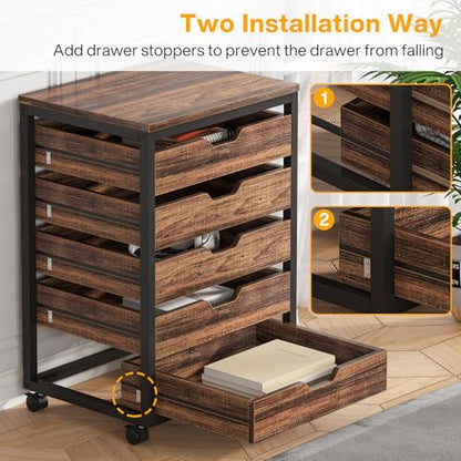 Tribesigns 5-Drawer File Cabinet, Wood Mobile Storage Drawer, Rustic Brown - color: Brown, size: 5 Drawer