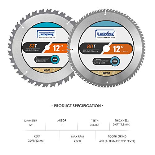 Luckyway 12 Inch Miter Saw Blades 32T General Purpose & 80T Fine Finish with 1 Inch Arbor TCT (Tungsten Carbide Tipped) Saw Blade for Cutting Wood 2-Pack - size: 12" / 32T&80T, style: 12 Inch