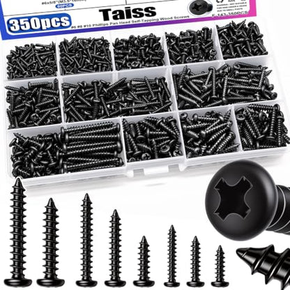 Taiss 350PCS #6#8#10 Phillips Pan Head Self Tapping Screws for Plastic,Self-Tapping Wood Screws Assortment Kit 14 Sizes Cross Recessed Carbon Steel Black Screws for Wood,Plastic - size: 350PCS