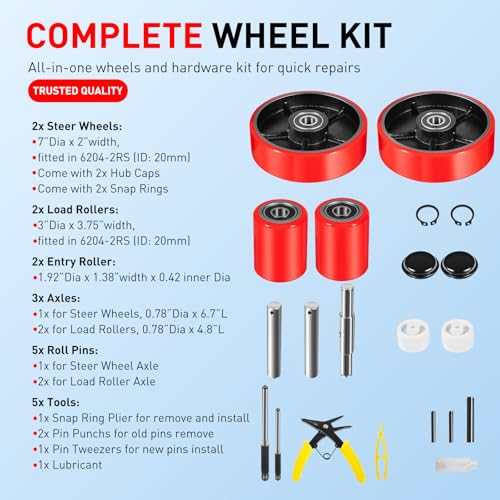 Pallet Jack Wheels Set & Axles 7"x2" Steering 2.75"x3.75" Load Rollers, Red