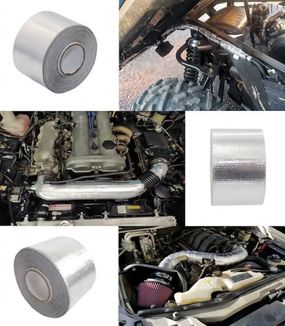 2 Rolls Fireproof Self-Adhesive Heat Shield Tape, Fiberglass Heat Resistant Tape High Temperature Reflective Silver Foil Tape Tear-Resistant for Automotive, HVAC, and Indus. Use (1.5inch*14.76ft)