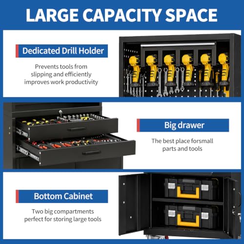 Mobile Tool Cart, Tool Chest with Locking Wheels, Charging Station - color: Upgraded Black