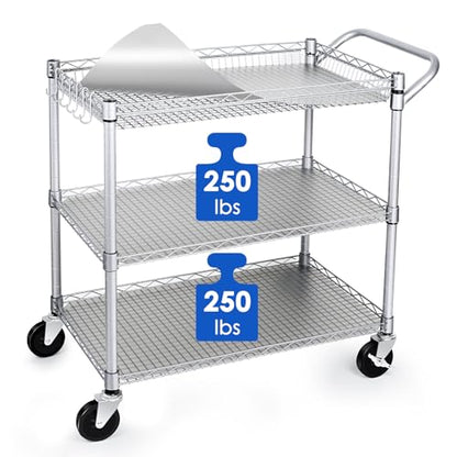 WDT Heavy Duty 3 Tier Utility Cart,Wire Rolling Carts with Wheels, Commercial Grade Service Cart with Shelving Liners and Handle Bar Metal Carts for Kitchen Office Hardware - color: 750lbs Capacity Silver