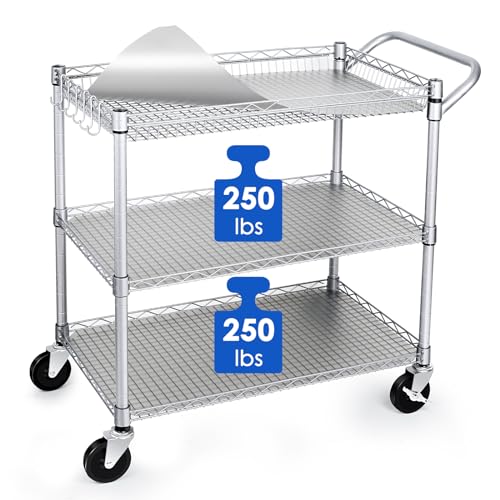 WDT Heavy Duty 3 Tier Utility Cart,Wire Rolling Carts with Wheels, Commercial Grade Service Cart with Shelving Liners and Handle Bar Metal Carts for Kitchen Office Hardware - color: 750lbs Capacity Silver