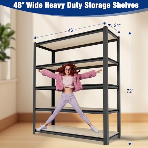 WORKPRO 5-Tier Black Shelving with Board, 48”W x 24”D x 72”H, 3000LBS Load - color: Black, size: 48"W x 24"D x 72"H