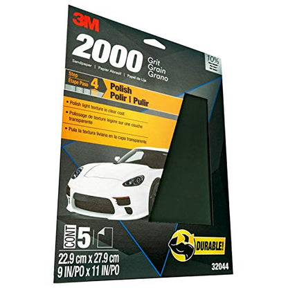 3M Wetordry™ Sandpaper, 2000 Grit, 9 in x 11 in, 5 Sheets, Use for Wet and Dry Sanding, Longer Lasting Sandpaper, Great for Auto Body Repair, Smooth Finish, Waterproof Backing for Wet Sanding (32044) - size: 9 in x 11 in