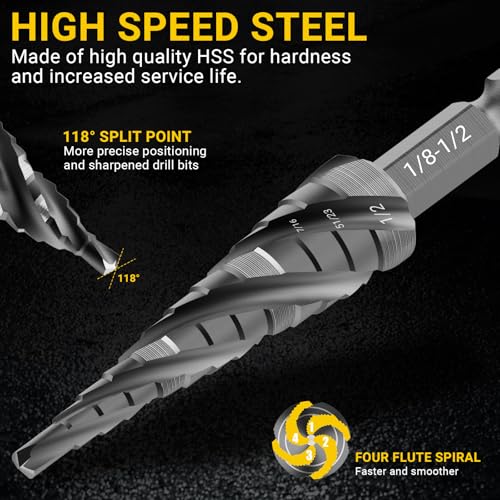 Four Spiral Flute Step Drill Bit, HSS Step Drill Bits (1/8"-1/2") - size: HSS 1 Piece (1/8"-1/2", 13 Steps)