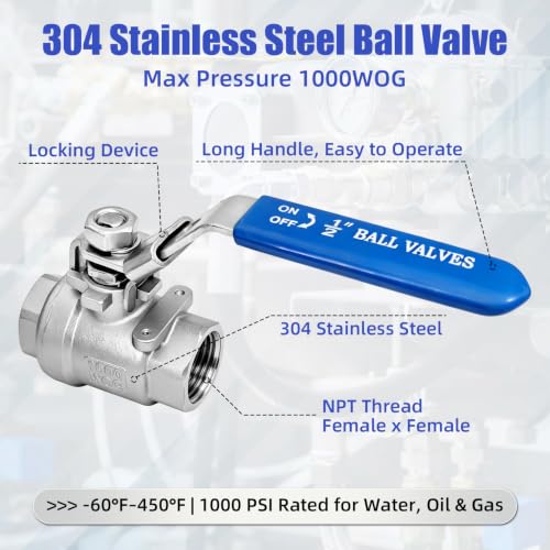 4 Pack 1/2" Ball Valve 304 Stainless Steel Full Port Shut Off Valve, NPT Female x NPT Female, Locking Handle, 1000 WOG for Water, Oil, Gas & Air Applications - size: 1/2inch