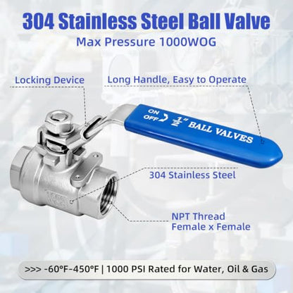 4 Pack 1/2" Ball Valve 304 Stainless Steel Full Port Shut Off Valve, NPT Female x NPT Female, Locking Handle, 1000 WOG for Water, Oil, Gas & Air Applications - size: 1/2inch