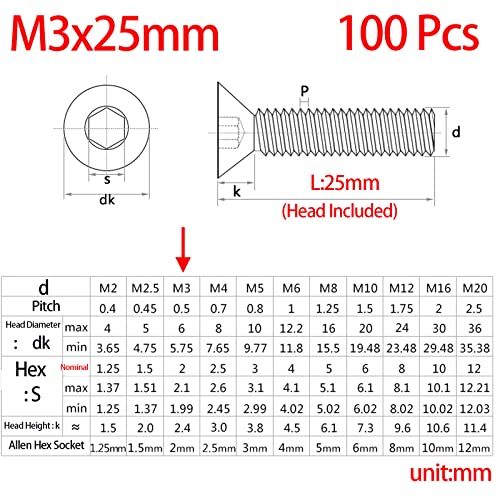 M3-0.5 x 25mm Flat Head Socket Cap Screws Bolts, Stainless Steel 18-8 (304), Bright Finish, Allen Socket Drive,Machine Screws Inner Hex Screw Fasteners Bolts 100 Pcs - size: M3-0.5x25mm（100 Pcs）