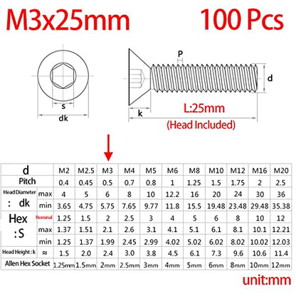 M3-0.5 x 25mm Flat Head Socket Cap Screws Bolts, Stainless Steel 18-8 (304), Bright Finish, Allen Socket Drive,Machine Screws Inner Hex Screw Fasteners Bolts 100 Pcs - size: M3-0.5x25mm（100 Pcs）