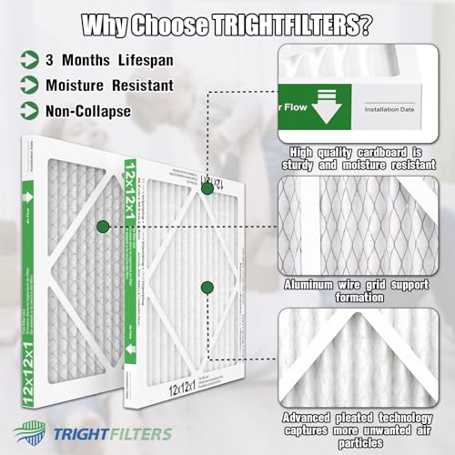 TRIGHTFILTERS 12x12x1 Air Filter 6 Pack, MERV 8 Pleated Home HVAC AC Filter - size: 12x12x1-6pack
