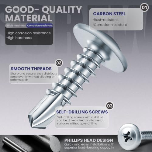 300 PCS #8 x 1/2" Sheet Metal Screws, Phillips Modified Truss Head Self Drilling Screws, Zinc-Plated, Self Tapping Screws for Metal, Wood, Plastic, Double-Ended Bit Included - color: Zinc, size: #8 x 1/2"