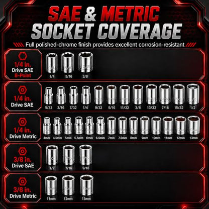 DuraMax Socket Set, 54-Piece Mechanic Tool Set with 1/4 & 3/8 Inch Drive SAE & Metric Sockets, Ratchet Wrench, Torx & Hex Bit Set, Extension Bar, Adapter and Storage Case